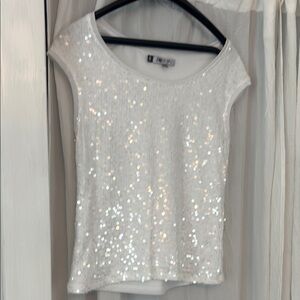 Jennifer Lopez White  Sequin Cap Sleeve T-Shirt